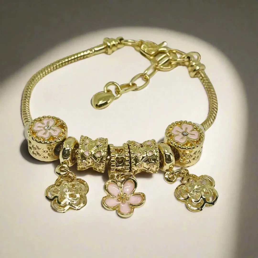 Snake chain Flowers Pendant 10k gold plated Bracelet With Shiny Beads Design