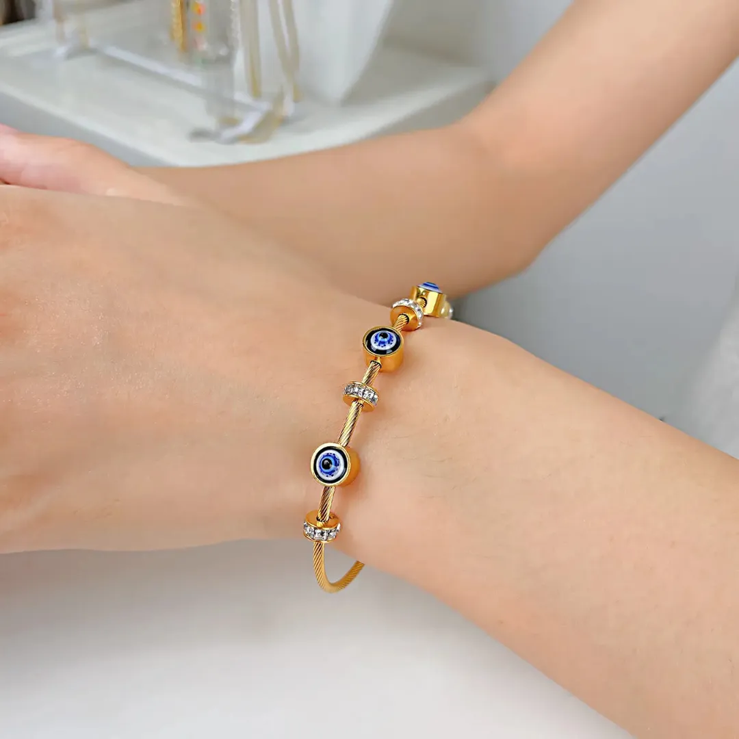 Stainless Steel Zircon Studded Gold Evil Eye Bracelet for Women Kada