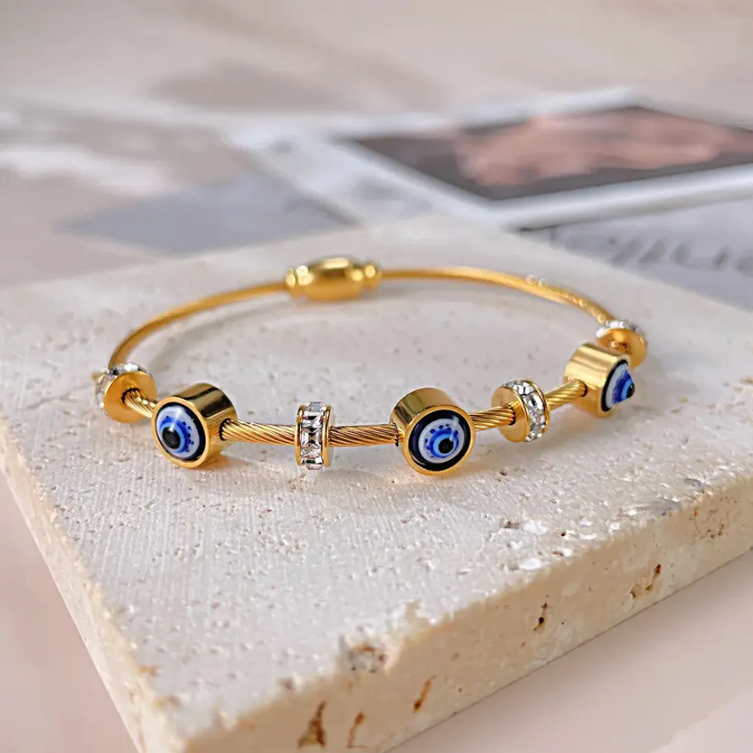 Stainless Steel Zircon Studded Gold Evil Eye Bracelet for Women Kada