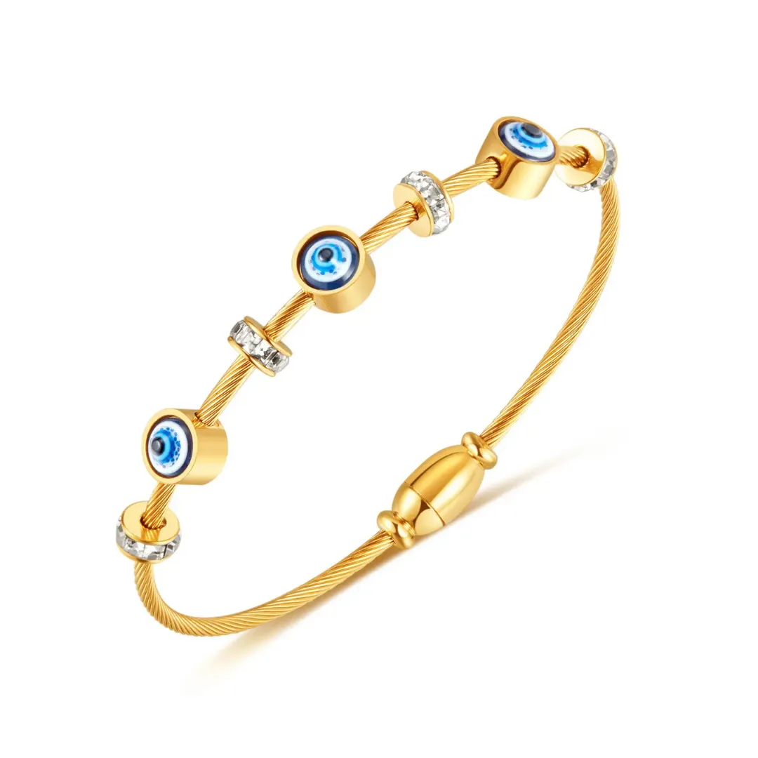 Stainless Steel Zircon Studded Gold Evil Eye Bracelet for Women Kada