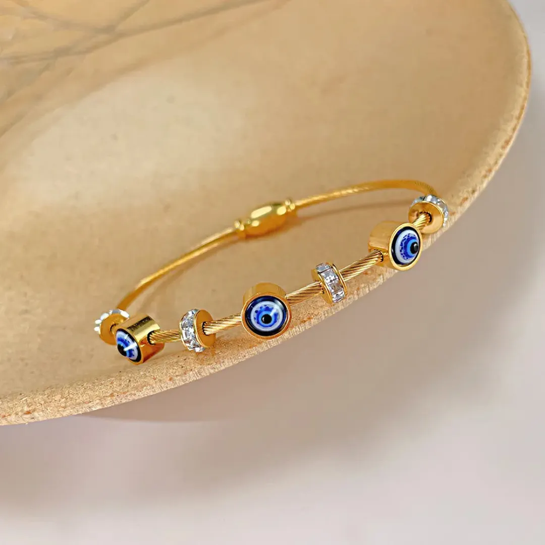 Stainless Steel Zircon Studded Gold Evil Eye Bracelet for Women Kada