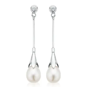 Sterling Silver Freshwater Pearl and Cubic Zirconia Drop Earrings