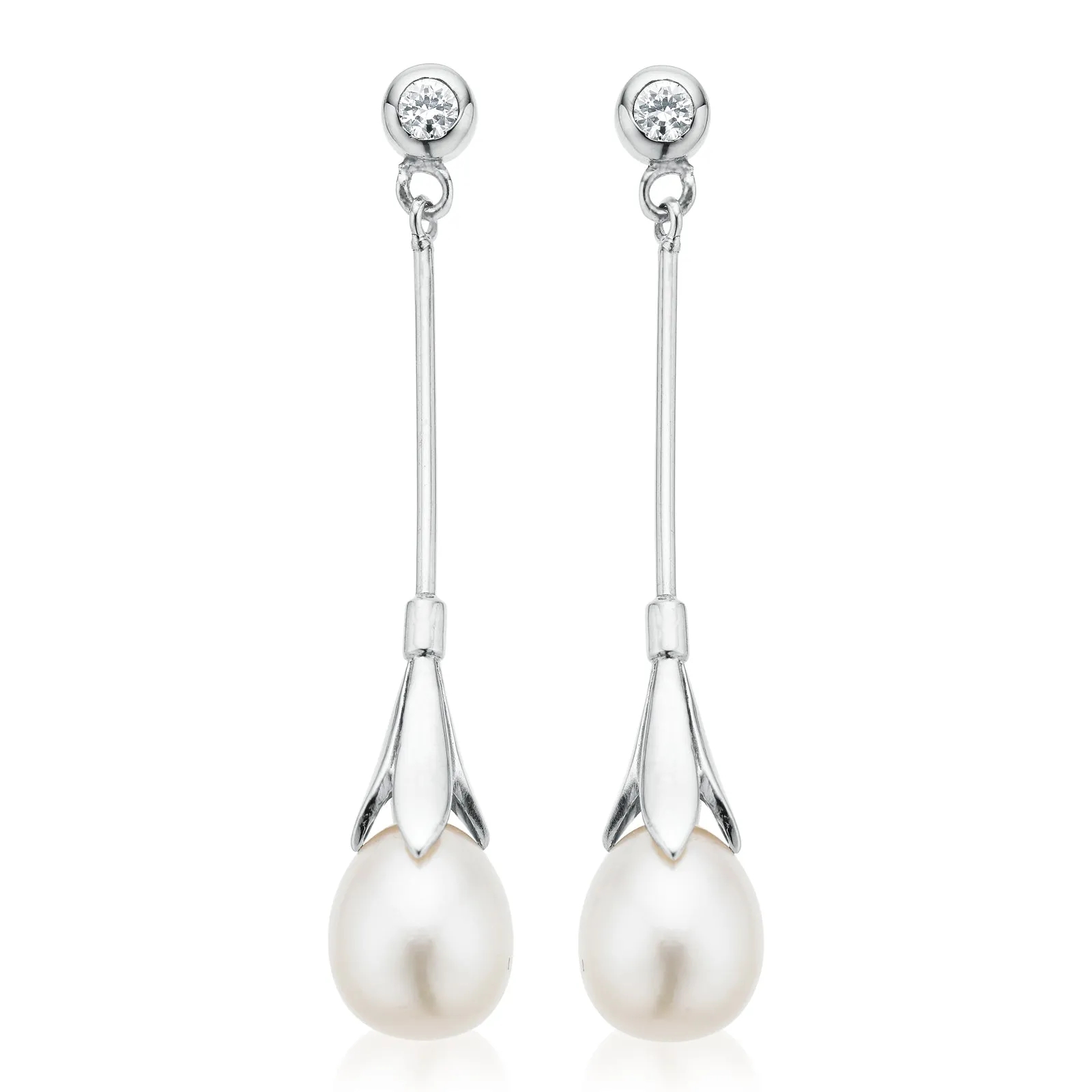 Sterling Silver Freshwater Pearl and Cubic Zirconia Drop Earrings