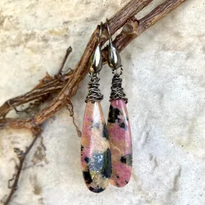 Teardrop Natural Rhodonite Gemstone Boho Earrings, Black Rhodium Plated Silver