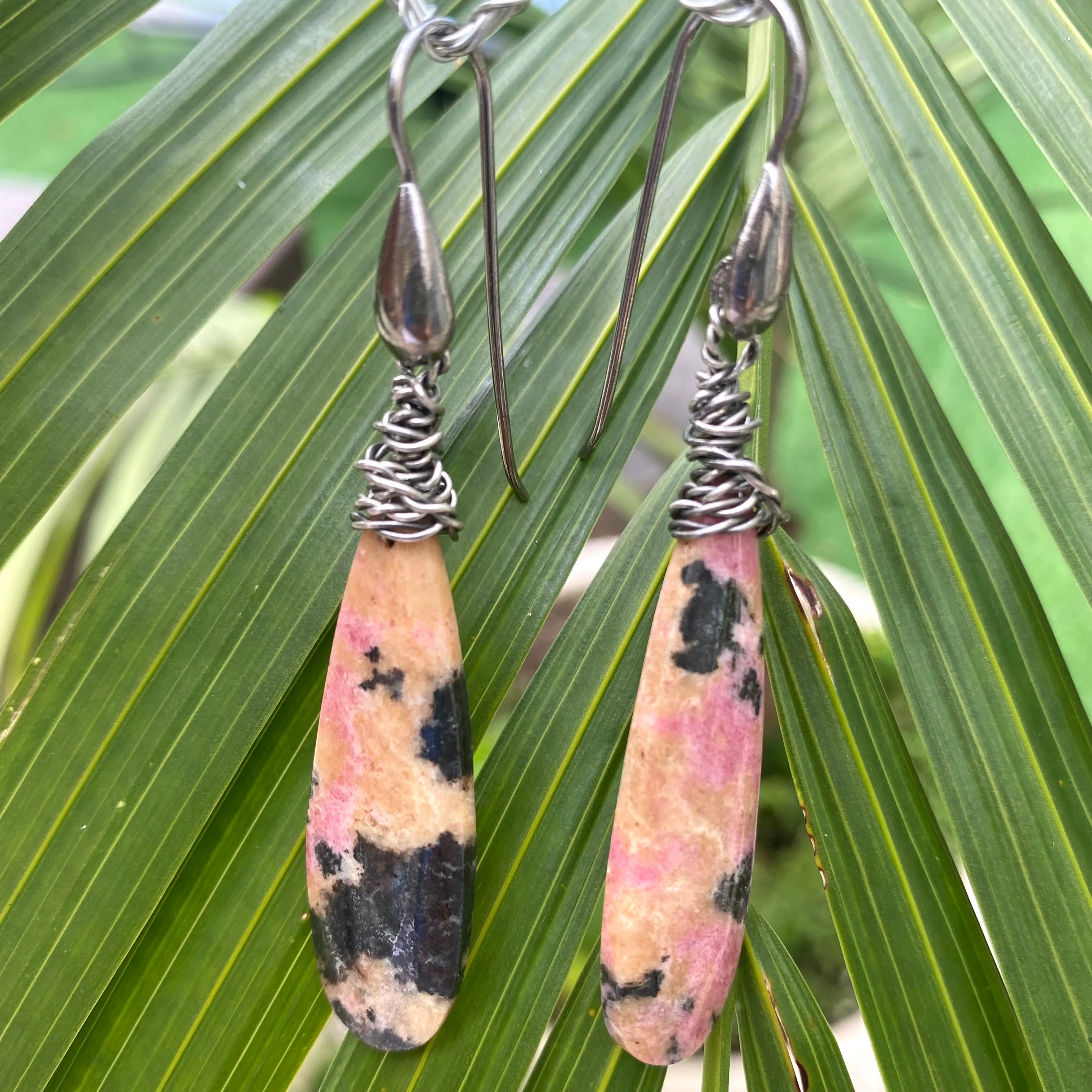 Teardrop Natural Rhodonite Gemstone Boho Earrings, Black Rhodium Plated Silver