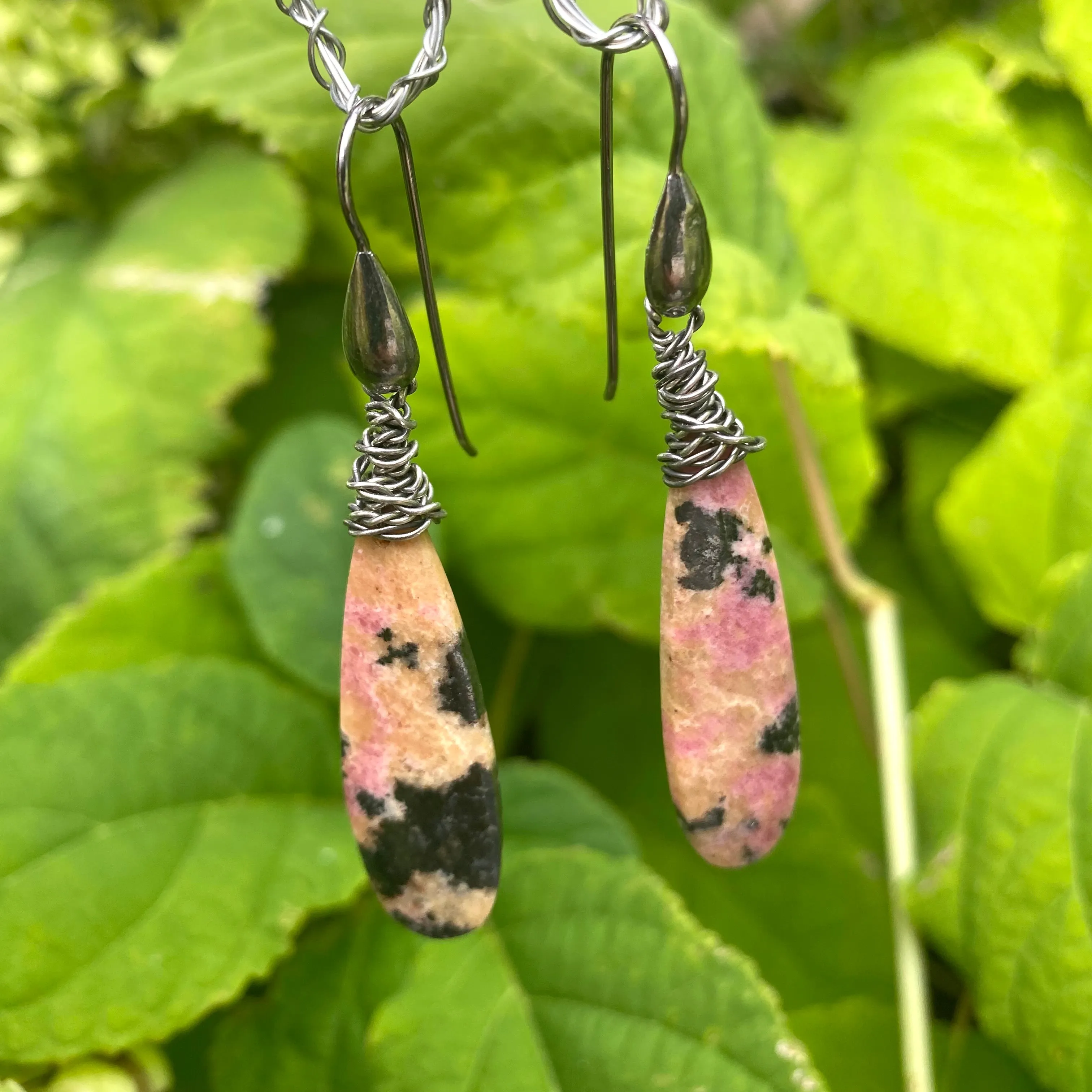 Teardrop Natural Rhodonite Gemstone Boho Earrings, Black Rhodium Plated Silver