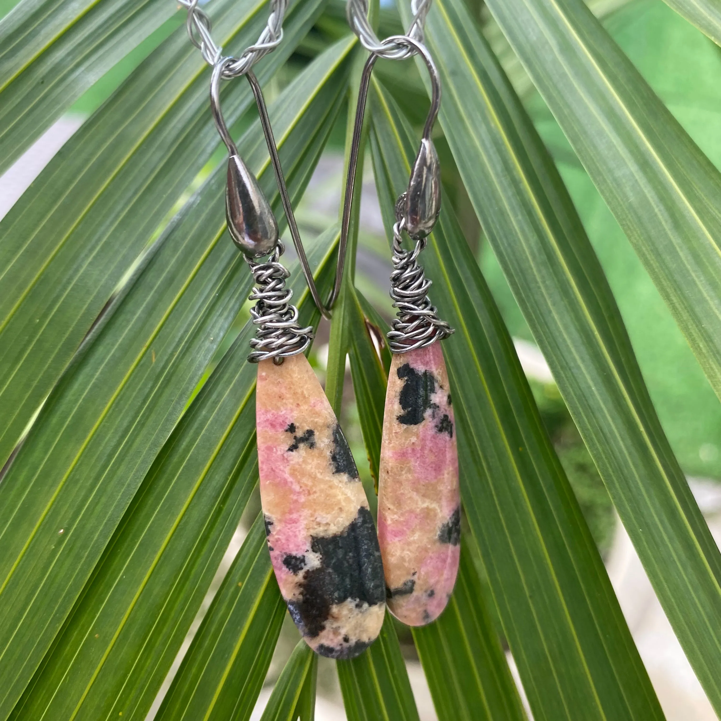 Teardrop Natural Rhodonite Gemstone Boho Earrings, Black Rhodium Plated Silver