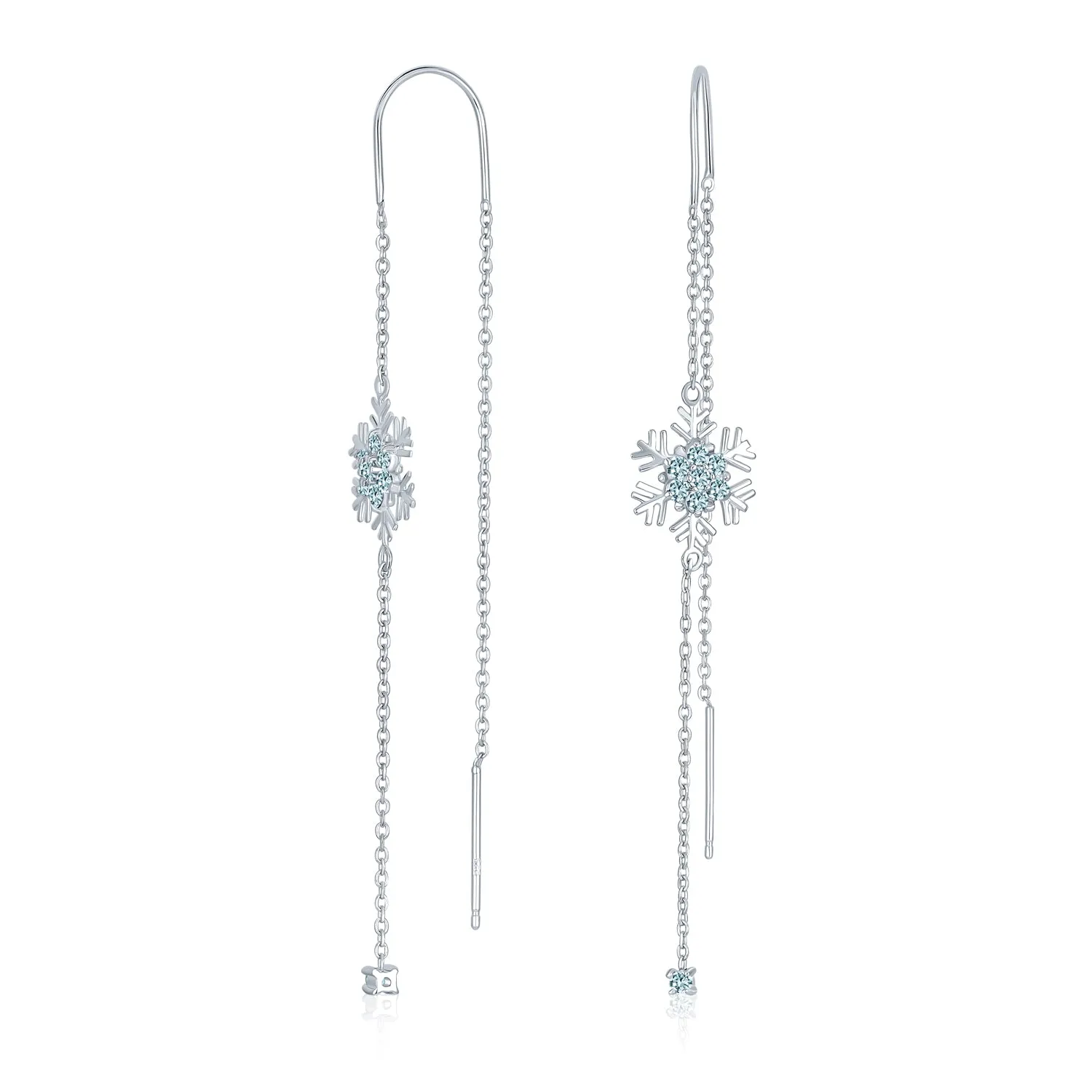 Thin Linear Clear Blue CZ Snowflake Dangle Chandelier Earrings Sterling Silver