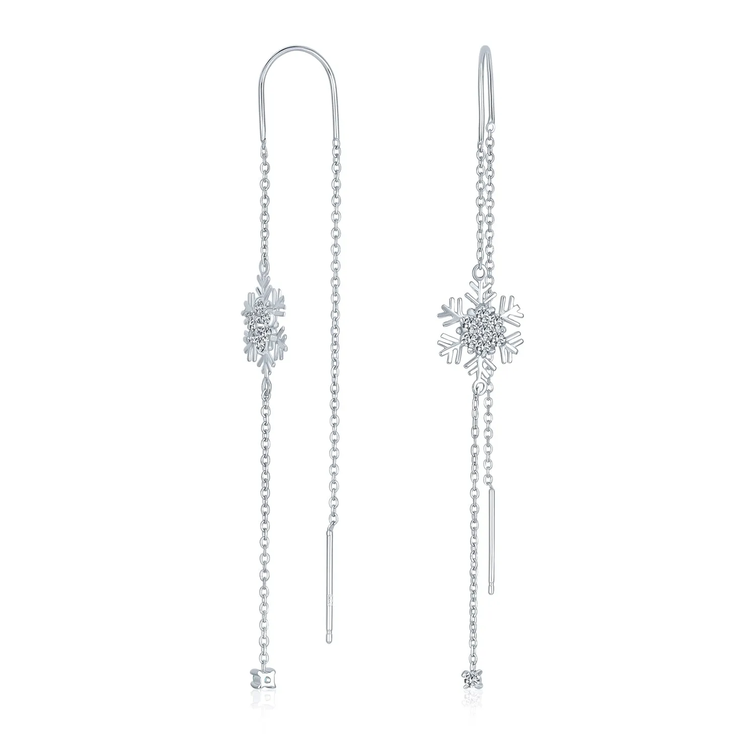 Thin Linear Clear Blue CZ Snowflake Dangle Chandelier Earrings Sterling Silver