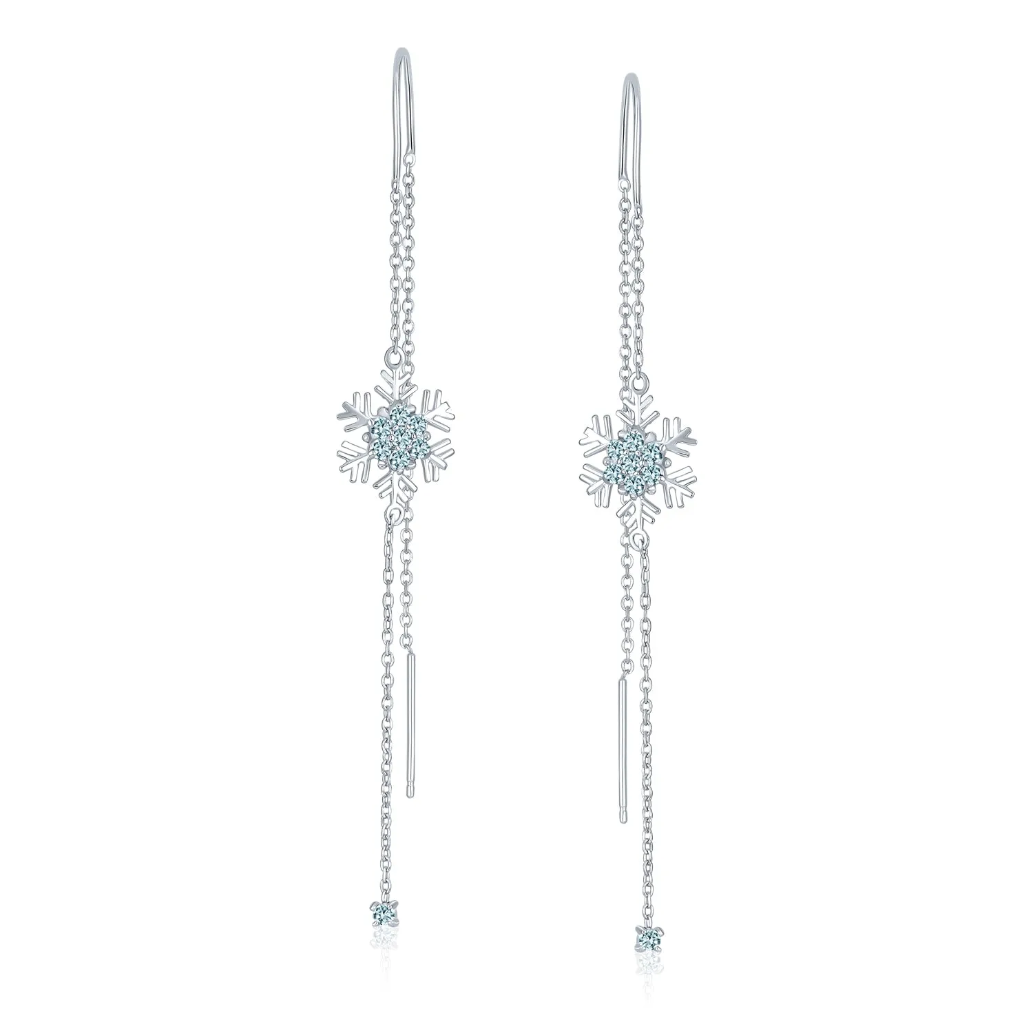 Thin Linear Clear Blue CZ Snowflake Dangle Chandelier Earrings Sterling Silver