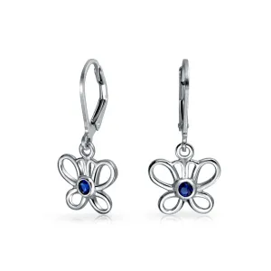 Tiny Blue CZ Dangle Chandelier Earrings with Butterfly Design in Sterling Silver