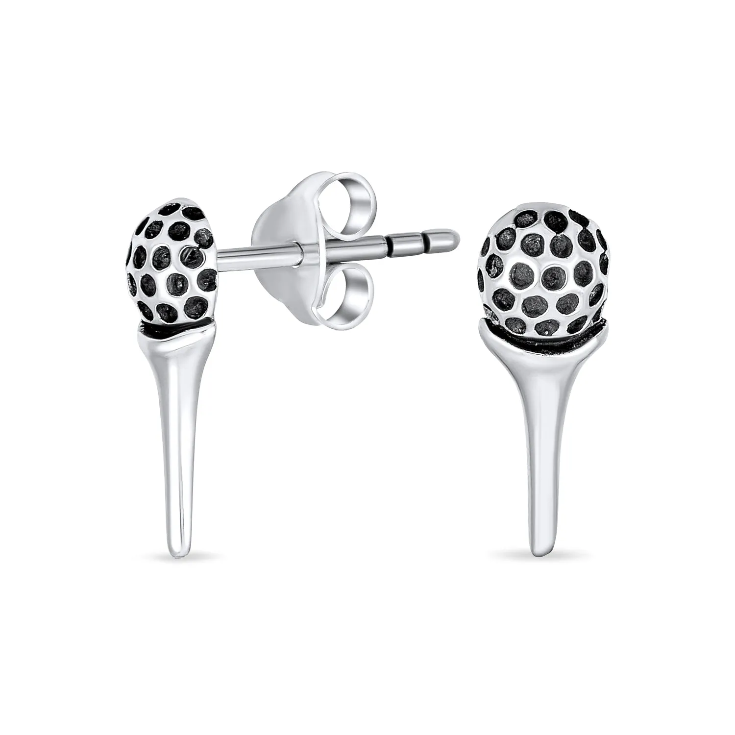 Tiny Tee & Golf Ball Stud Earrings for Golfers in Oxidized Sterling Silver Jewelry