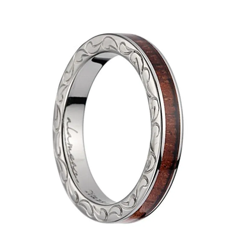 Titanium Wedding Ring With Pink Ivory Inlay, Polished Edges, & Side Pattern - 3mm