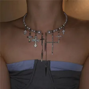 Trendy Cross Rivet Pearl Beaded Luxury Necklace