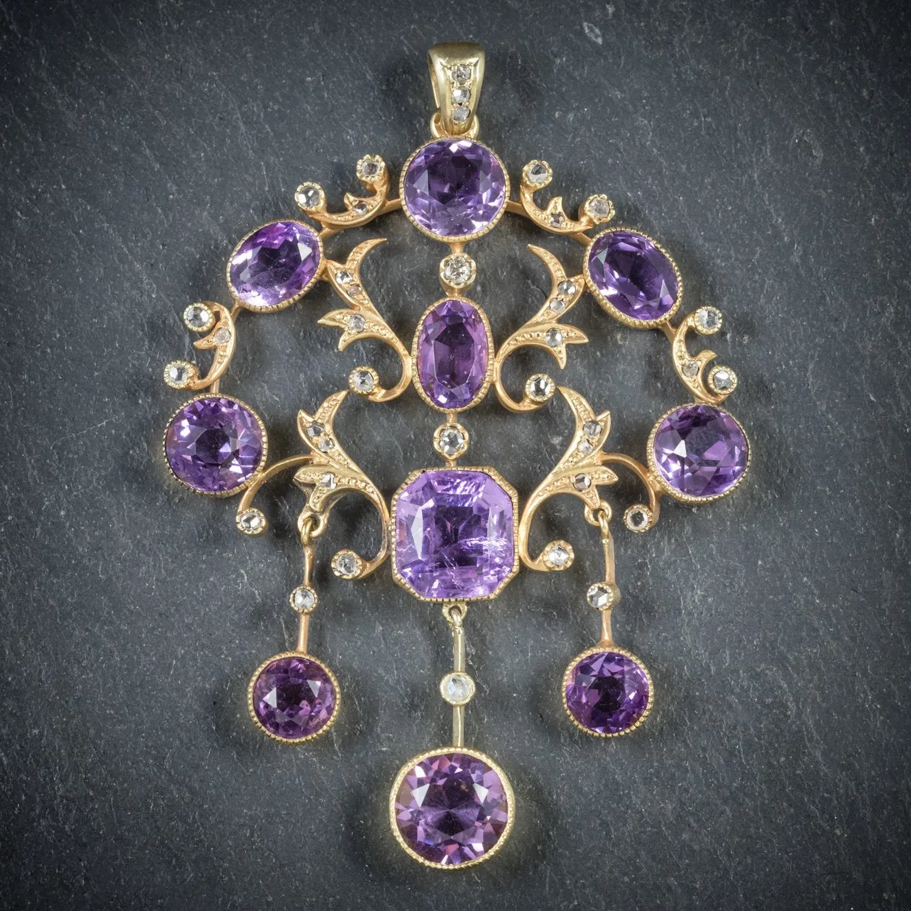 Victorian Amethyst & Diamond Garland Cascading Large Gold Pendant