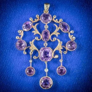 Victorian Amethyst & Diamond Garland Cascading Large Gold Pendant