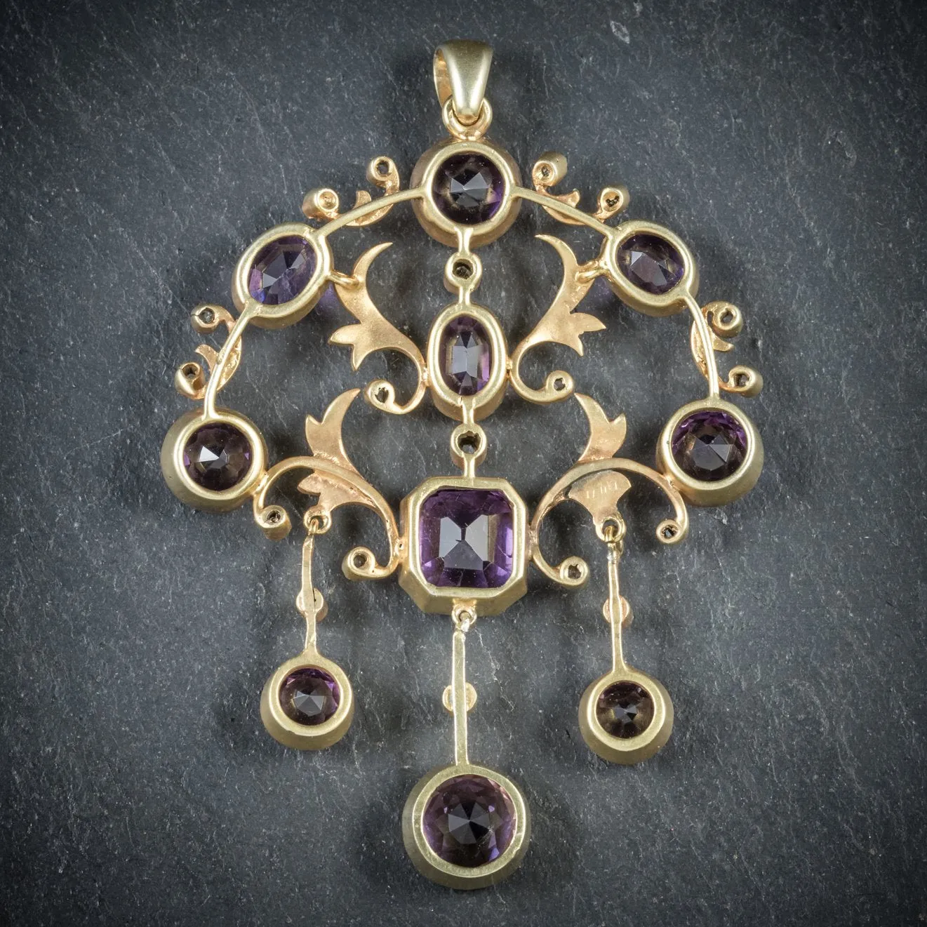 Victorian Amethyst & Diamond Garland Cascading Large Gold Pendant