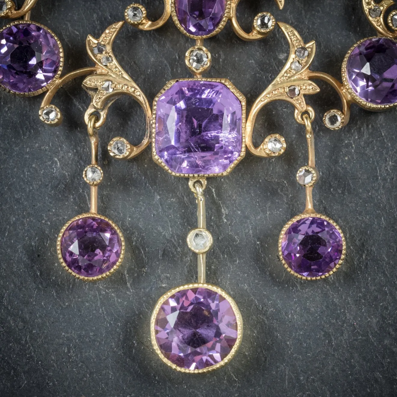 Victorian Amethyst & Diamond Garland Cascading Large Gold Pendant