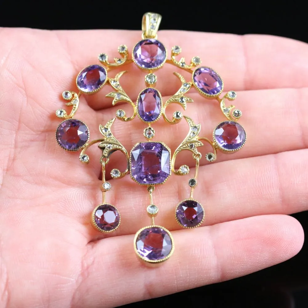 Victorian Amethyst & Diamond Garland Cascading Large Gold Pendant