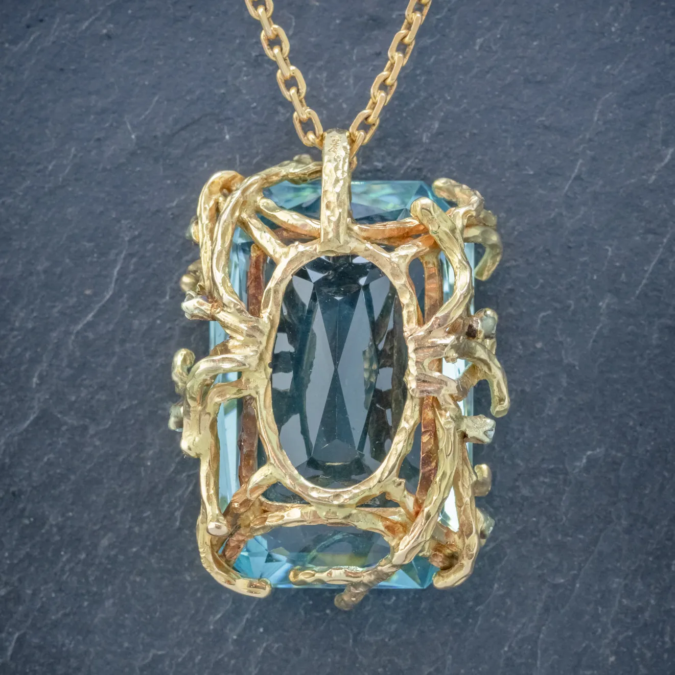 Vintage Aquamarine Diamond Pendant Necklace 18Ct Gold 42Ct Scissor Cut Aqua