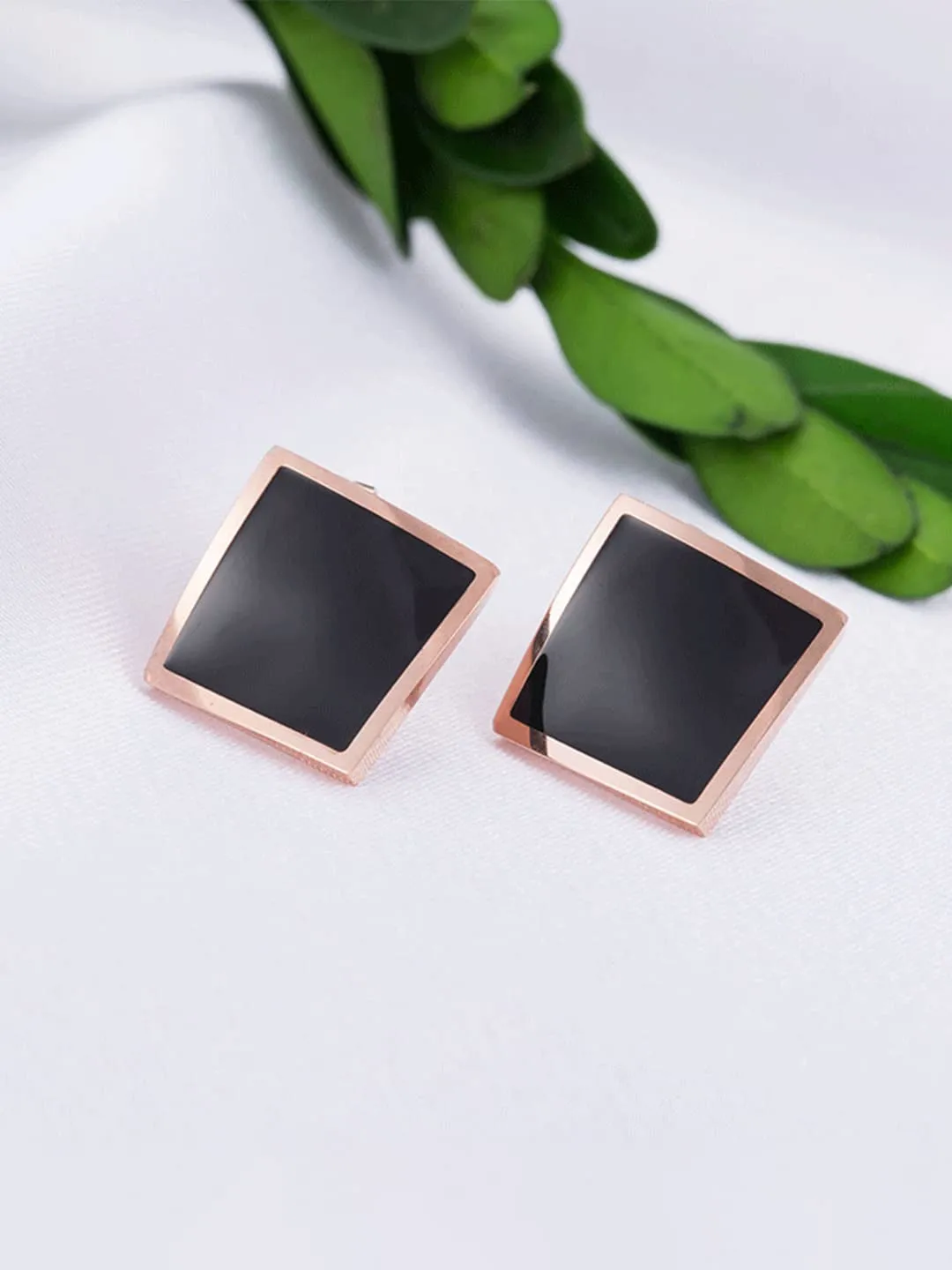 Yellow Chimes Stud Earrings for Women Western Rose Gold Plated Stainless Steel Black Square Stud Earrings For Women and Girls