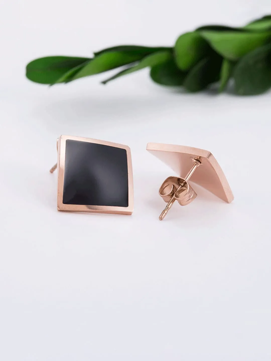 Yellow Chimes Stud Earrings for Women Western Rose Gold Plated Stainless Steel Black Square Stud Earrings For Women and Girls