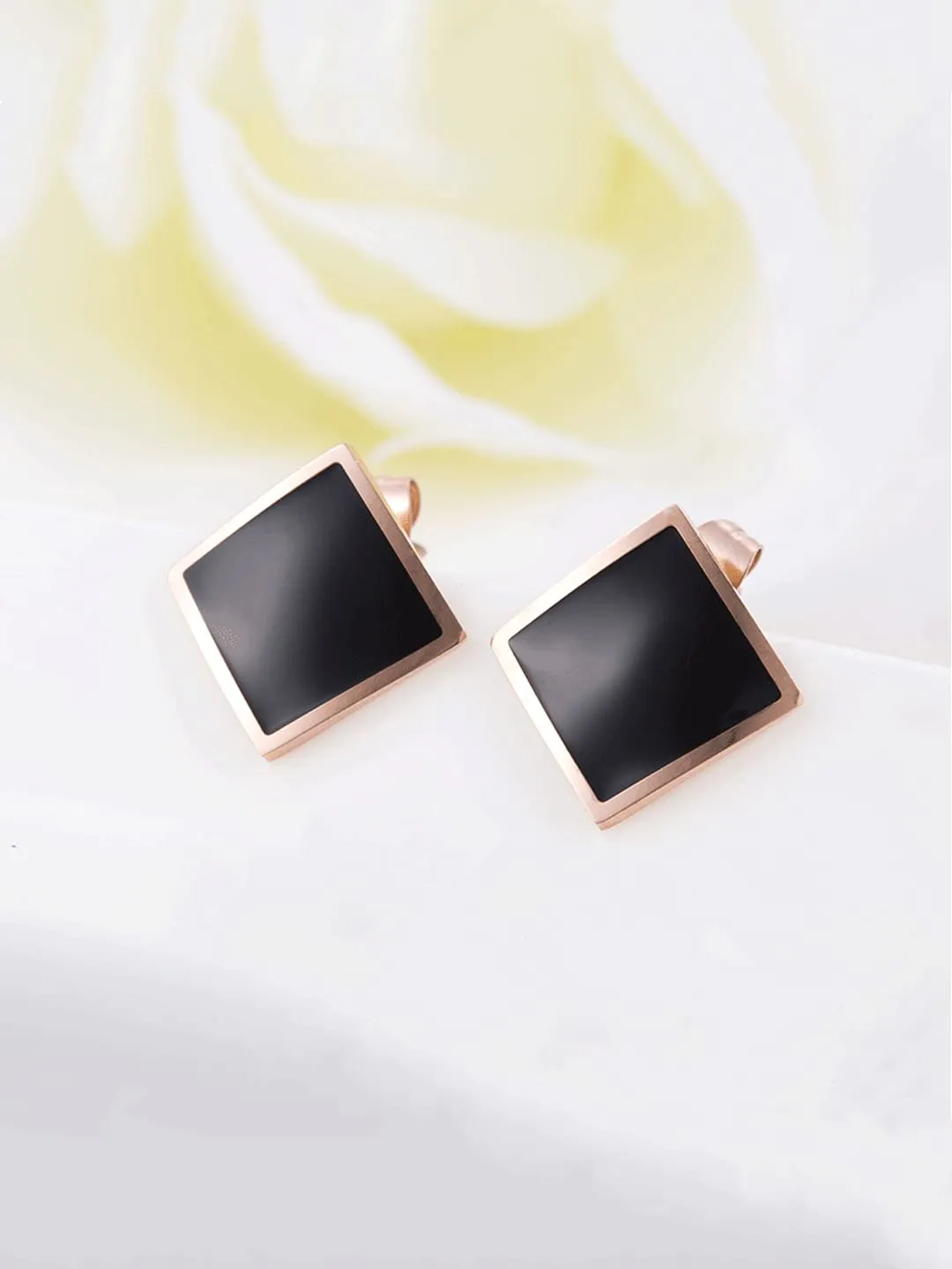 Yellow Chimes Stud Earrings for Women Western Rose Gold Plated Stainless Steel Black Square Stud Earrings For Women and Girls